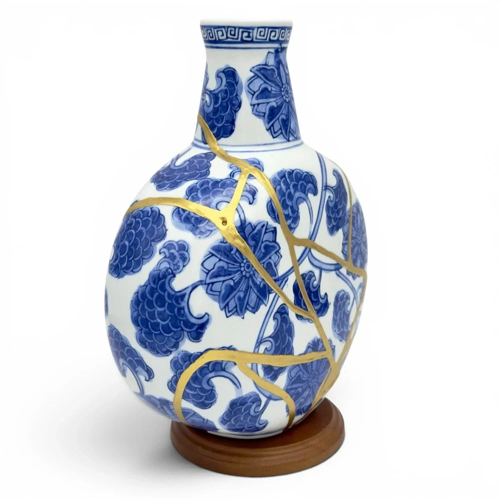 Kintsugi Vase Chinese Porcelain Moon Flask Gold Crack Art Personal Growth Gift - Picture 7 of 14